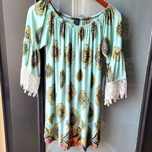 WIN WIN Boho Women's Blouse 3/4 Sleeve Off Shoulder Size L/XL Crochet Multicolor